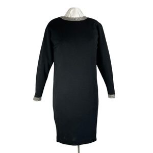 VTG Liz Claiborne Black Wool Blend Evening  Dress Sz S Sequined Cuff and Collar